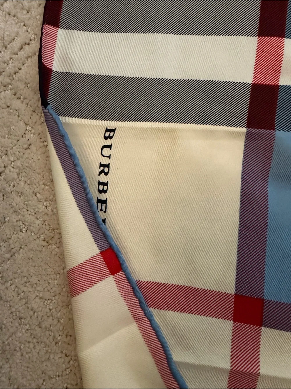 Burberry silk scarf in Light Blue Plaid Throw with Cream, Black & Red Accents
